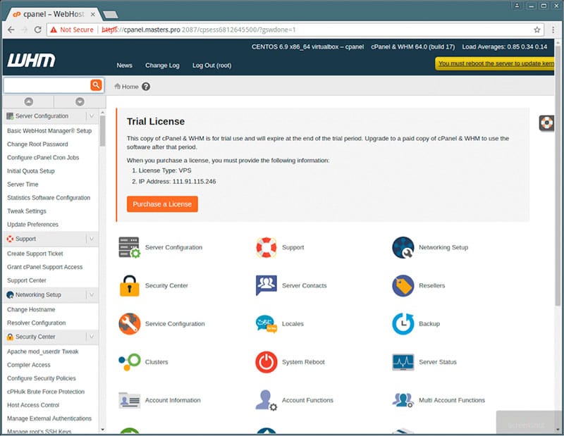 Главный экран, внутри Cpanel