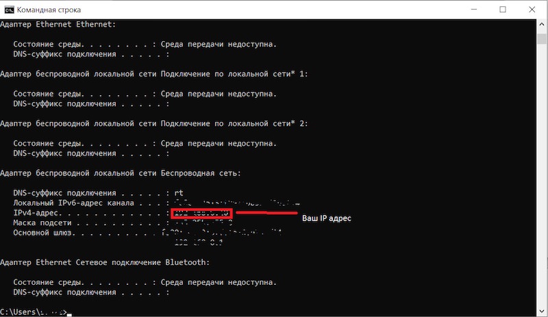 вывод команды ipconfig